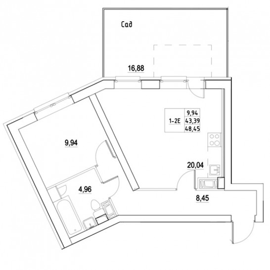 Однокомнатная квартира 48.36 м²
