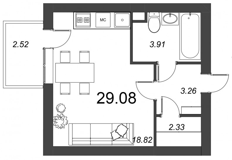 Студия 29.08 м²