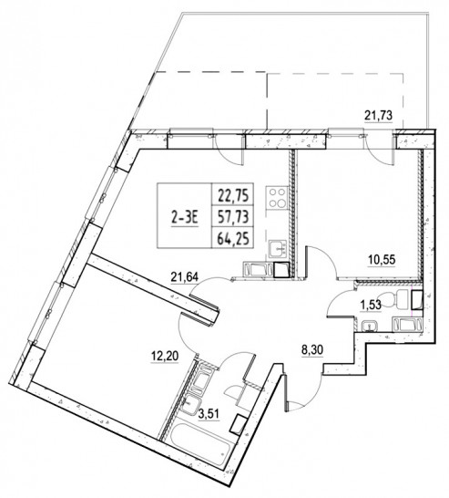 Двухкомнатная квартира 58.26 м²