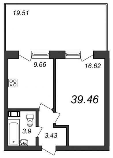 Однокомнатная квартира 39.68 м²