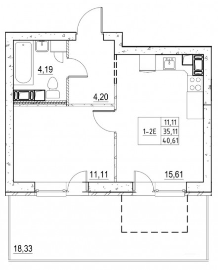 Однокомнатная квартира 40.6 м²