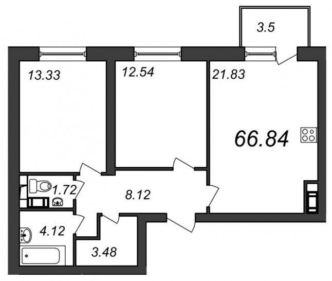 Двухкомнатная квартира 66.84 м²