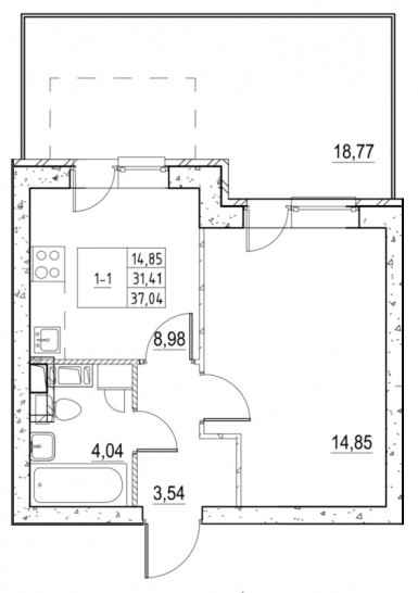 Однокомнатная квартира 36.95 м²