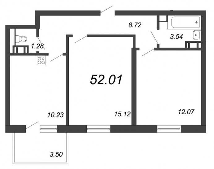 Двухкомнатная квартира 52.01 м²