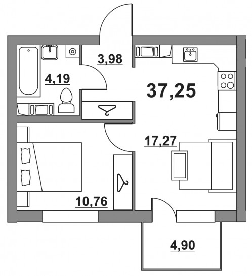 Однокомнатная квартира 37.25 м²