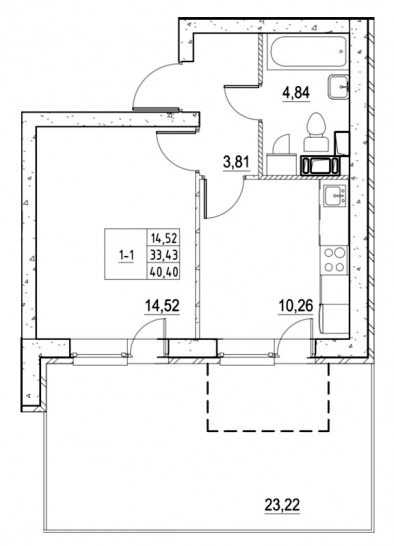 Однокомнатная квартира 40.32 м²
