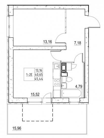 Однокомнатная квартира 45.44 м²
