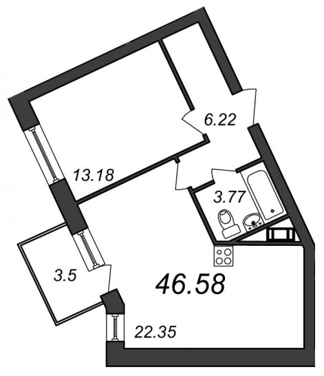 Однокомнатная квартира 46.58 м²