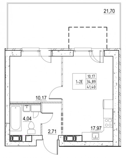 Однокомнатная квартира 41.4 м²