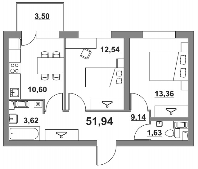 Двухкомнатная квартира 51.92 м²
