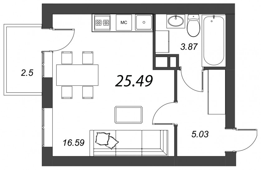 Студия 26.25 м²