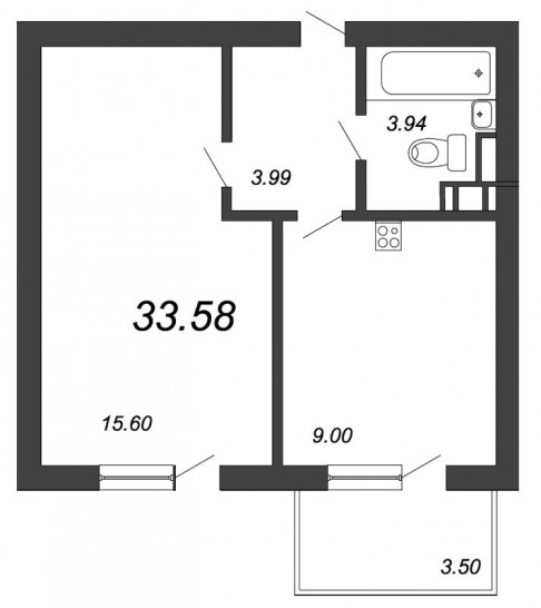 Однокомнатная квартира 33.58 м²