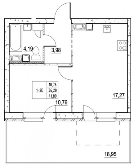 Однокомнатная квартира 41.74 м²