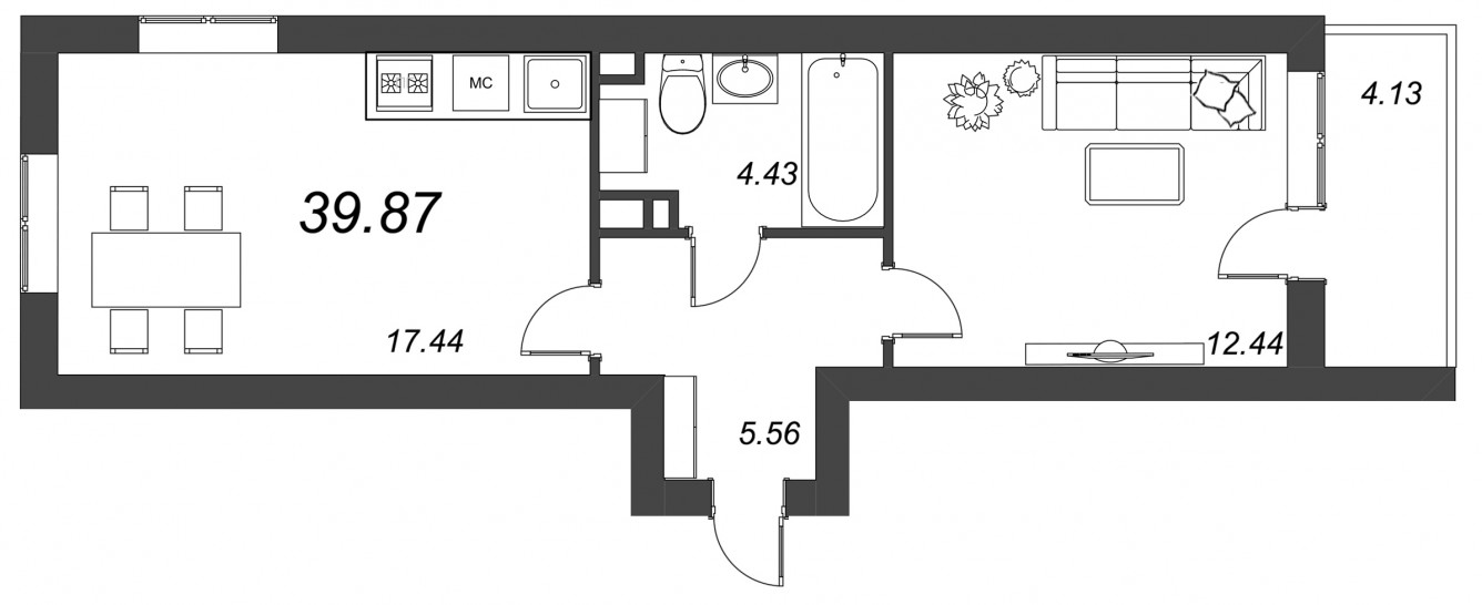Однокомнатная квартира 41.94 м²