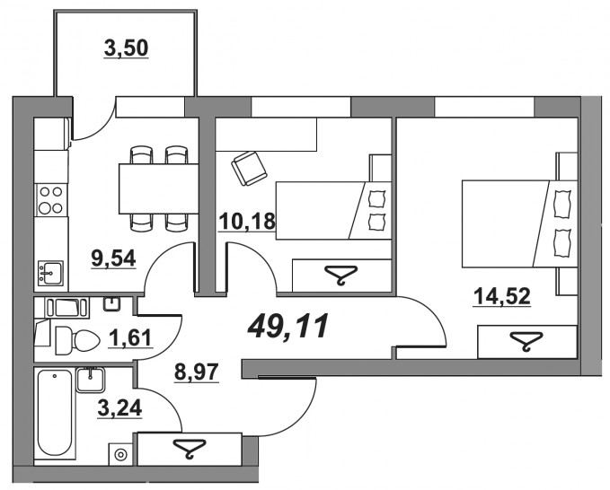 Двухкомнатная квартира 49 м²