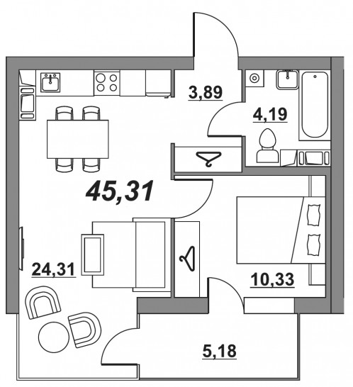 Однокомнатная квартира 42.99 м²