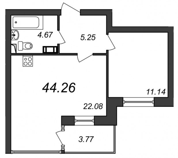 Однокомнатная квартира 44.26 м²