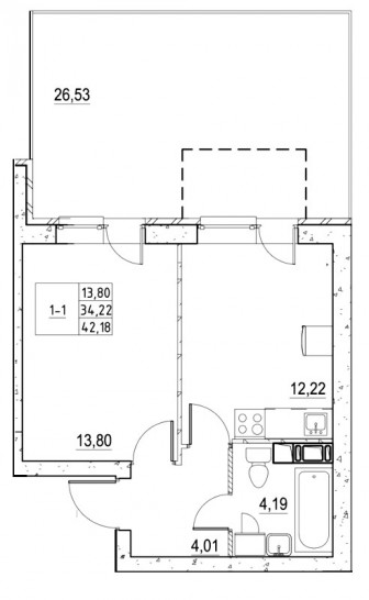 Однокомнатная квартира 42.19 м²