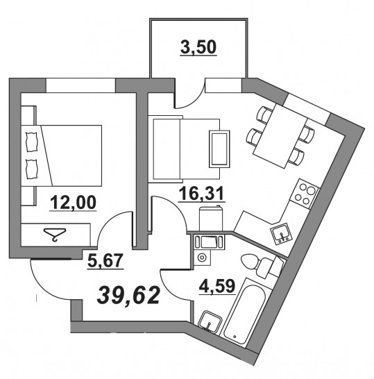 Однокомнатная квартира 39.62 м²