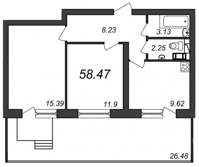 Двухкомнатная квартира 58.47 м²