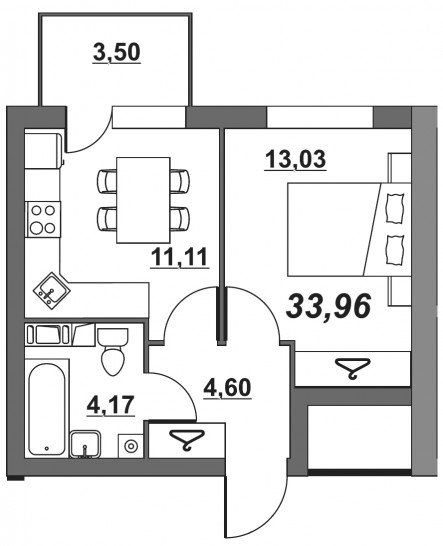 Однокомнатная квартира 33.99 м²