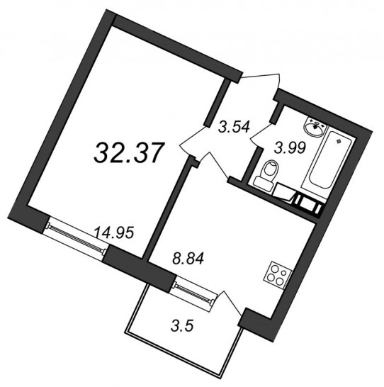 Однокомнатная квартира 32.37 м²