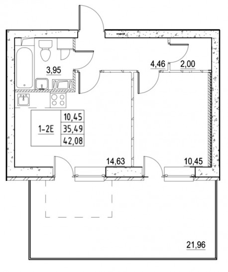 Однокомнатная квартира 42.01 м²