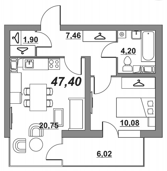 Однокомнатная квартира 44.9 м²