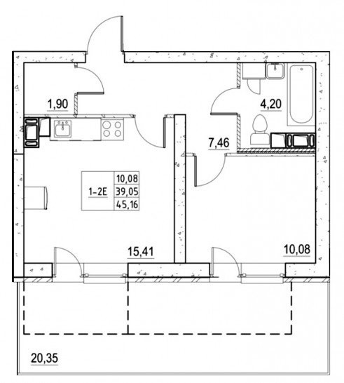 Однокомнатная квартира 45.16 м²
