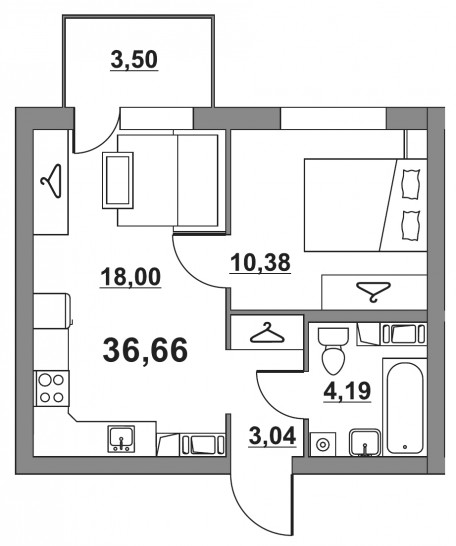 Однокомнатная квартира 36.64 м²
