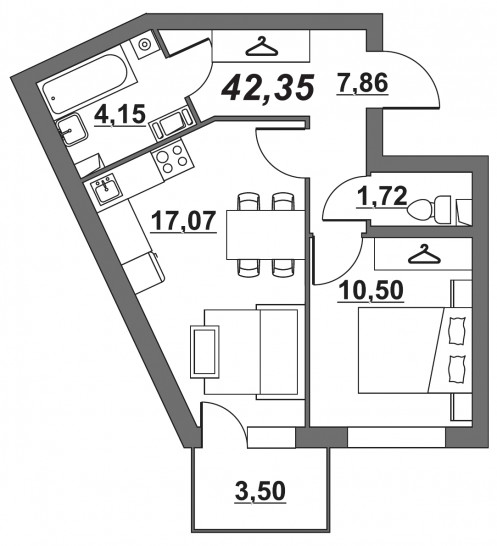 Однокомнатная квартира 42 м²