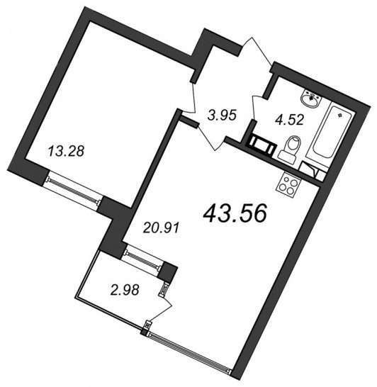 Однокомнатная квартира 43.56 м²