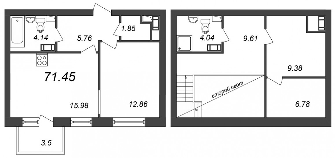 Однокомнатная квартира 71.45 м²
