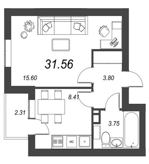 Однокомнатная квартира 32.72 м²