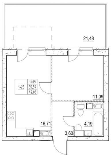 Однокомнатная квартира 41.86 м²