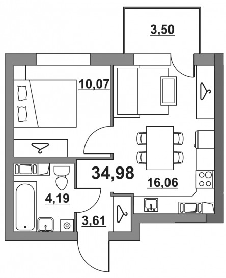 Однокомнатная квартира 34.98 м²