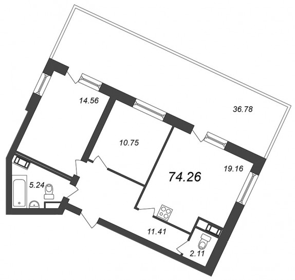 Двухкомнатная квартира 74.26 м²