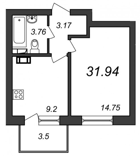 Однокомнатная квартира 31.94 м²