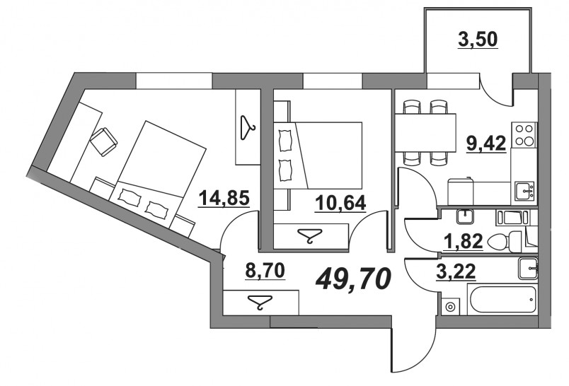 Двухкомнатная квартира 49.67 м²