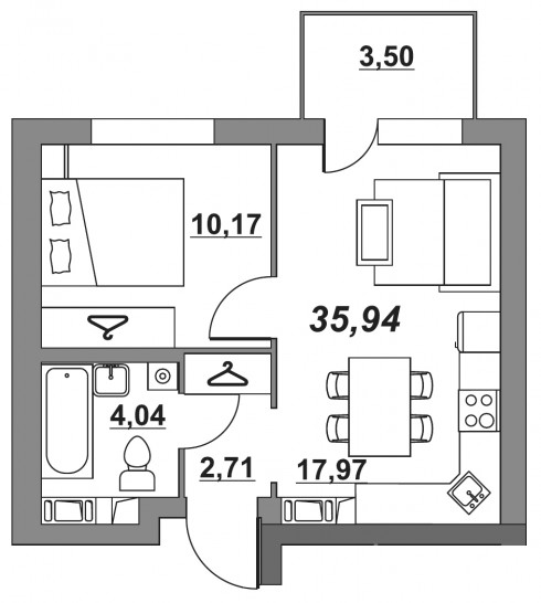 Однокомнатная квартира 35.94 м²