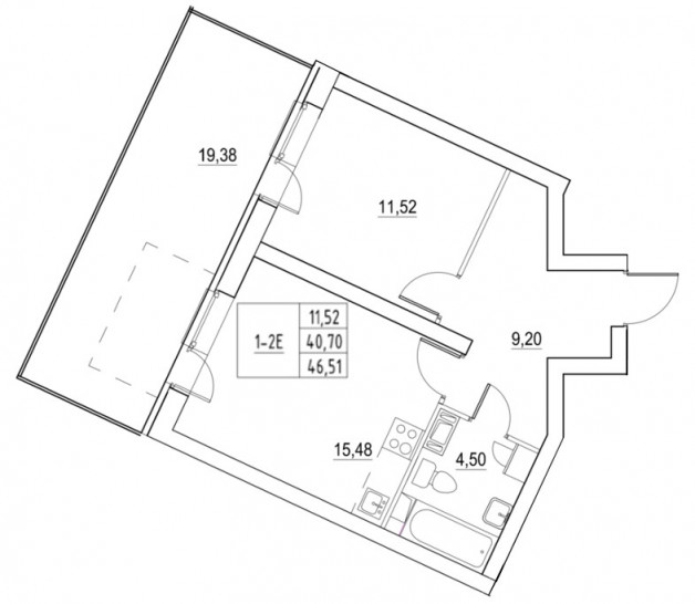 Однокомнатная квартира 46.46 м²