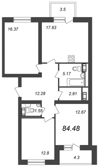 Трёхкомнатная квартира 84.48 м²
