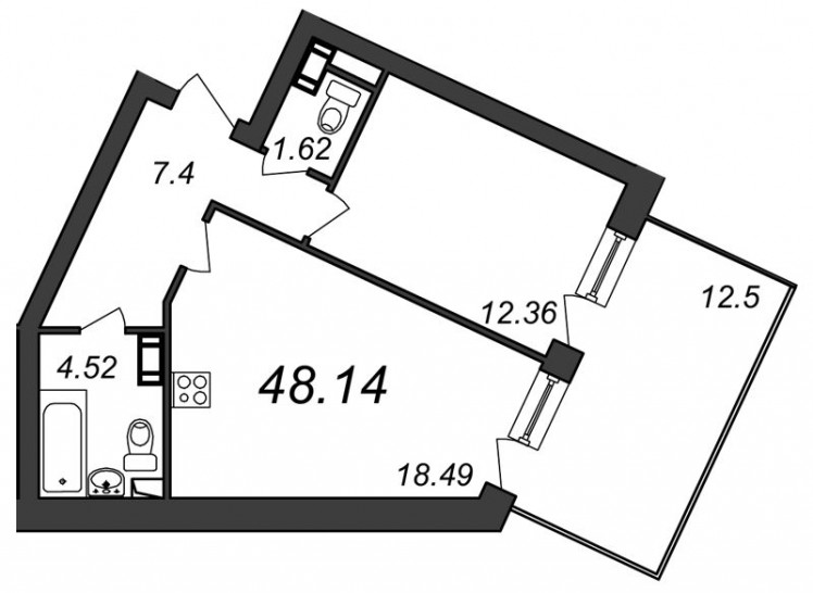 Однокомнатная квартира 48.14 м²