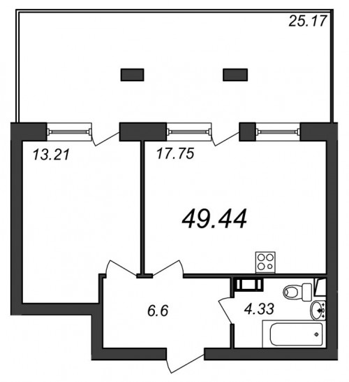 Однокомнатная квартира 49.44 м²
