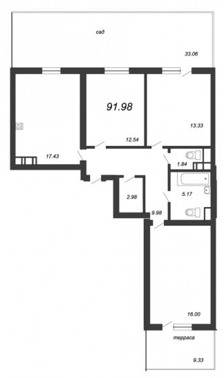 Трёхкомнатная квартира 91.98 м²