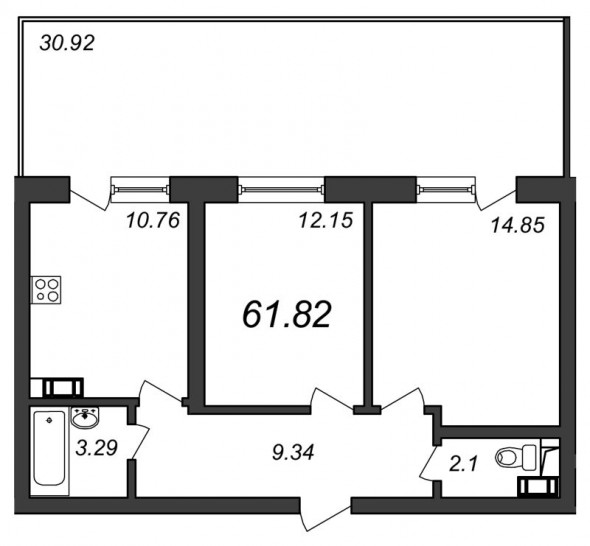 Двухкомнатная квартира 61.82 м²