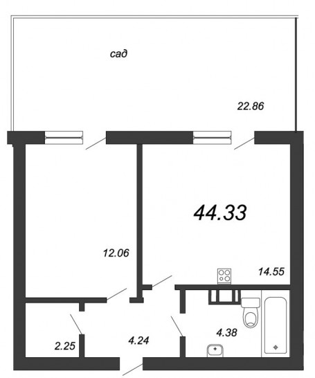 Однокомнатная квартира 44.33 м²