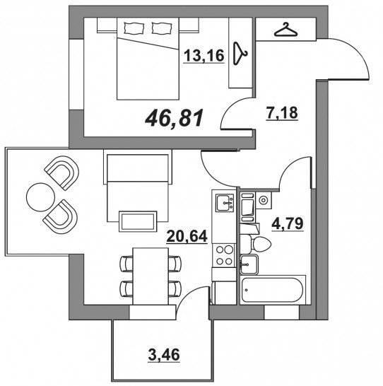 Однокомнатная квартира 45.6 м²