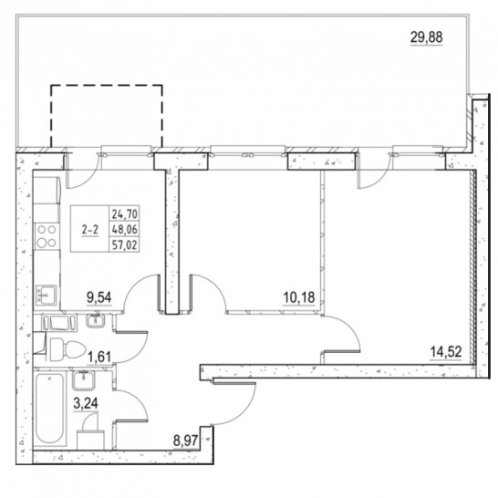 Двухкомнатная квартира 56.92 м²