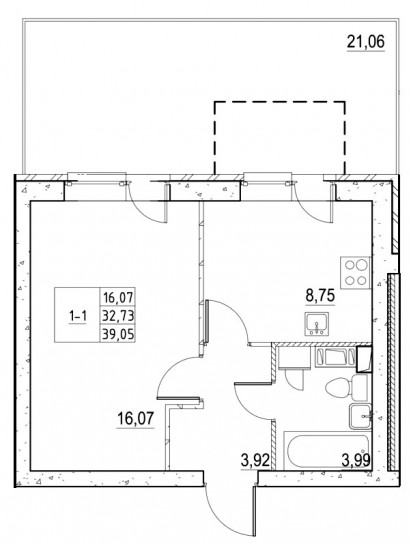 Однокомнатная квартира 39.14 м²